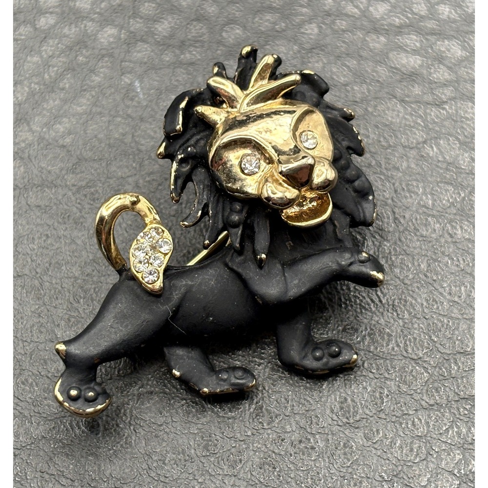 Vintage Black Enamel Gold Tone Lion Leo Brooch Pin Rhinestone Crystal Zodiac